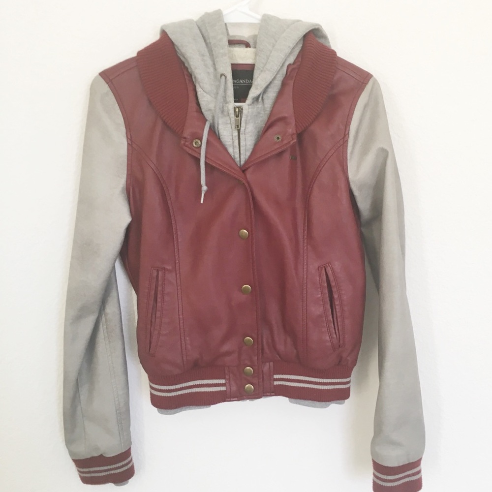 Obey Bomber Jacket Grey Maroon S Leather